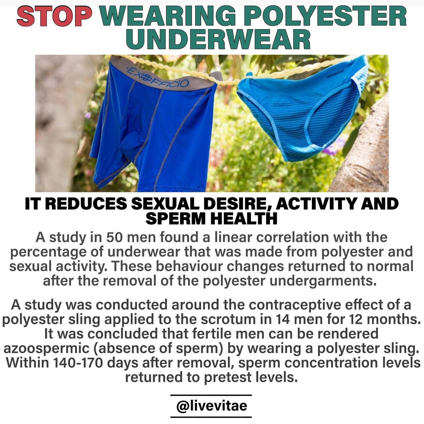 did you know that tightly fitted polyester underwear can be a contraceptive and problematic for your sexual health and behavior 😳

Share this with any man using polyester underwear!

Two studies show this. In addition, several studies demonstrate th