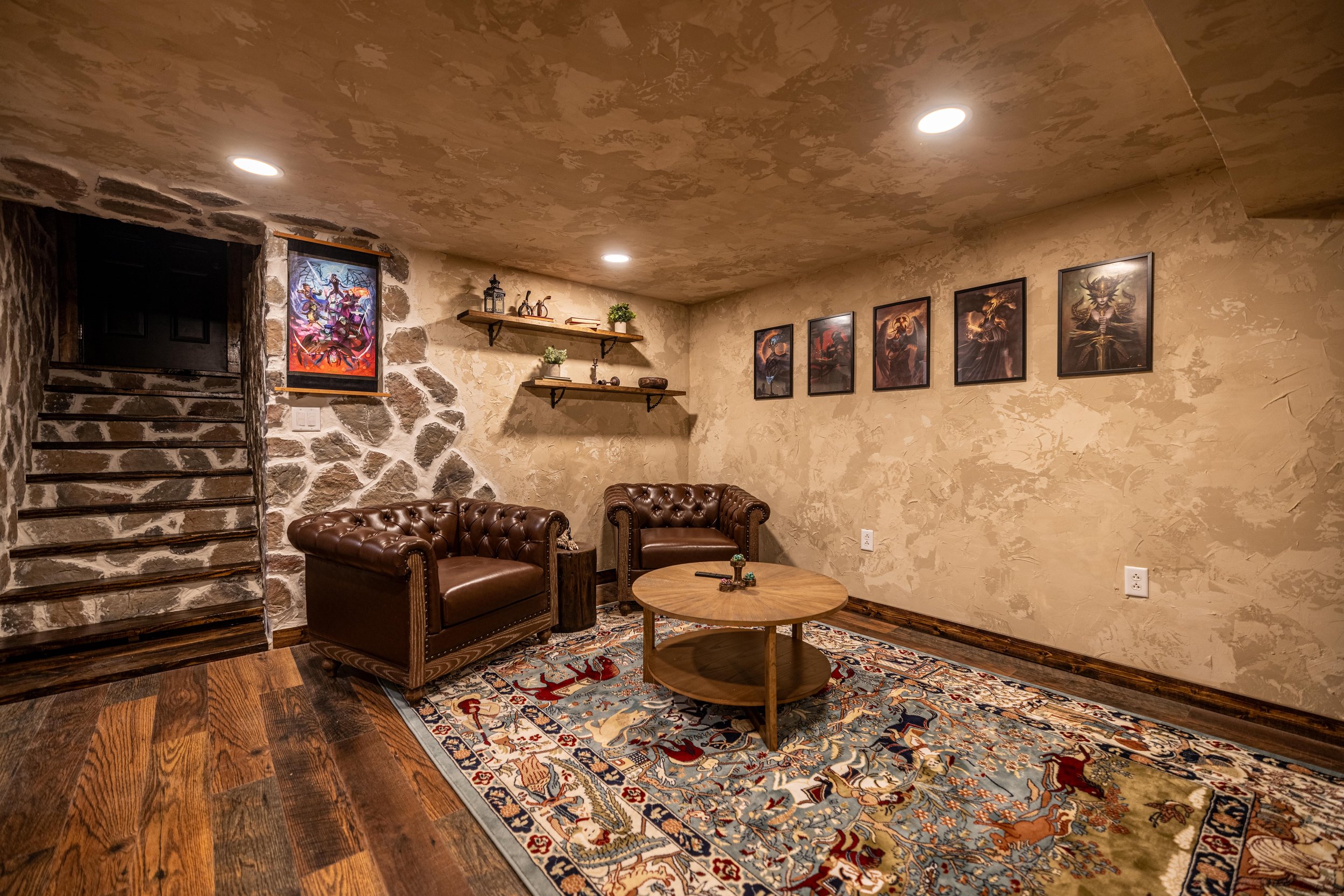 Stone staircase leading to rustic sitting room