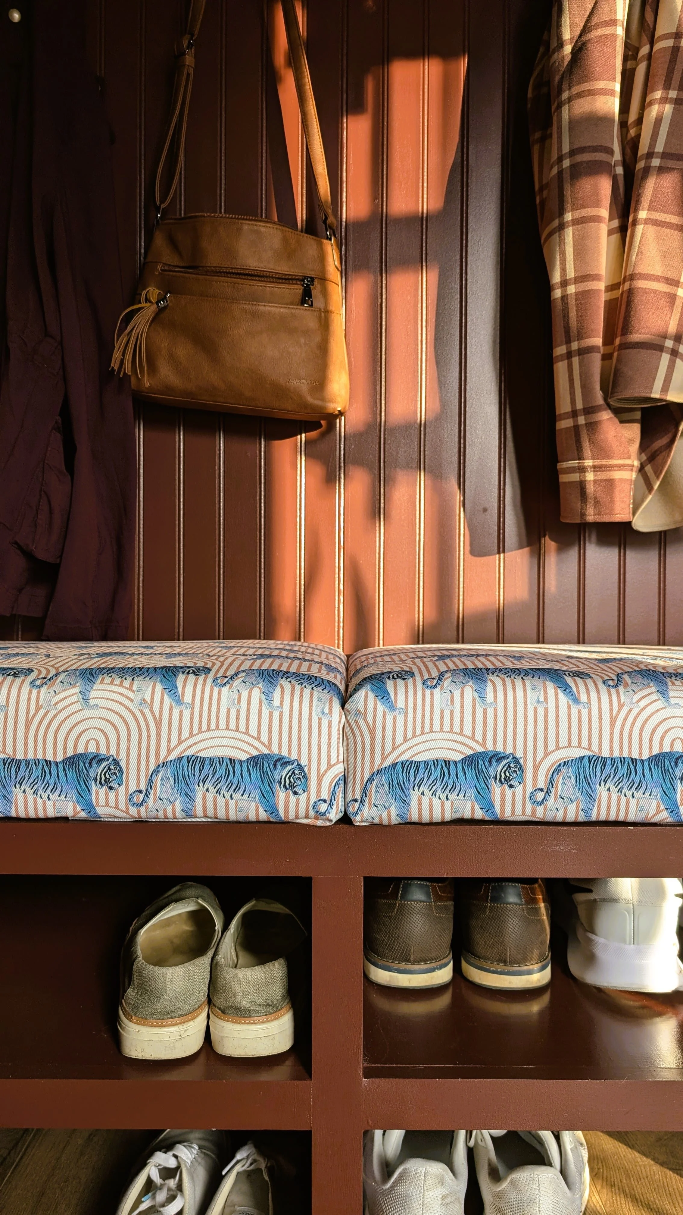 Close-up of blue tiger print bench upholstery fabric