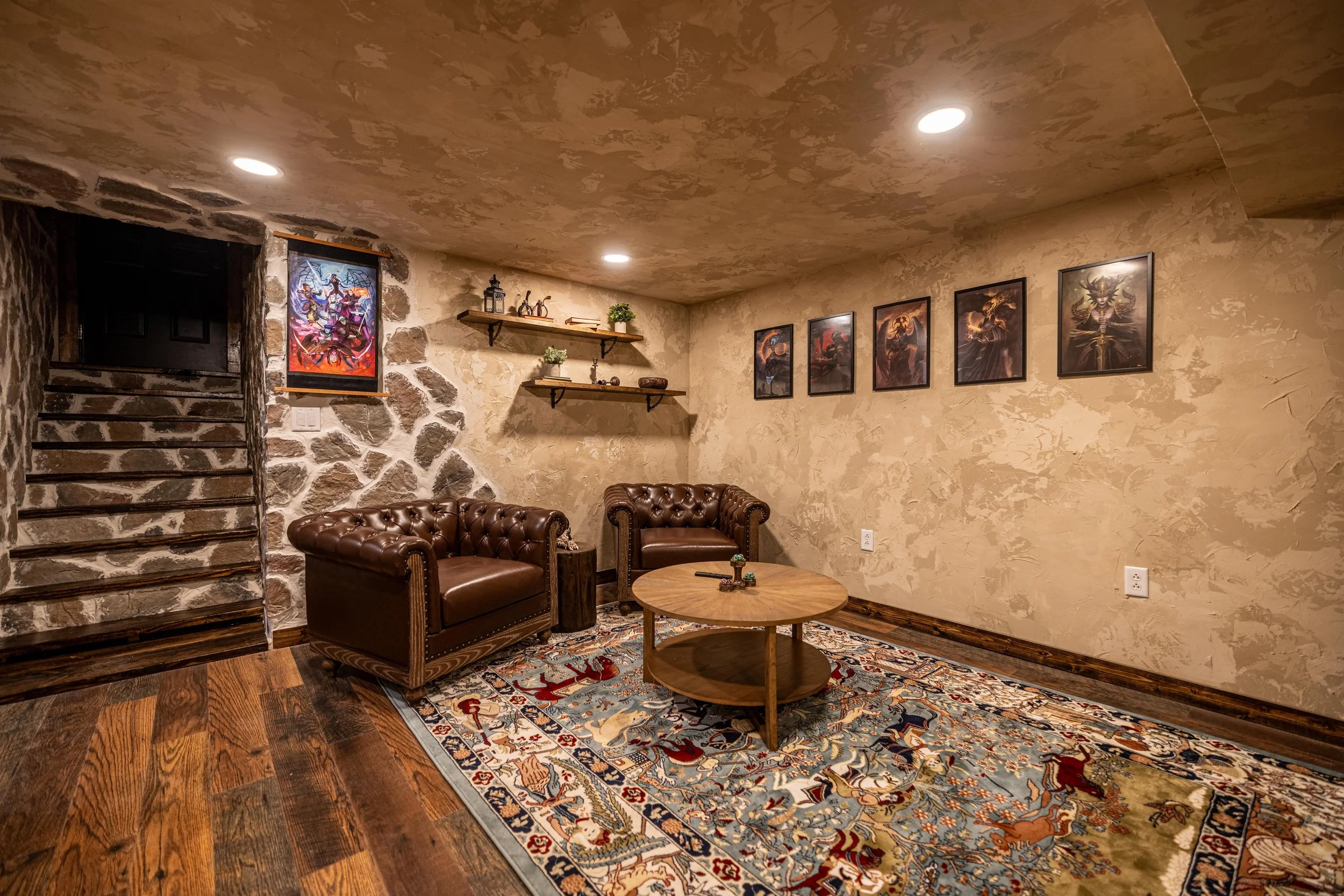 Leather chairs and stone accent wall in D&D venue lobby