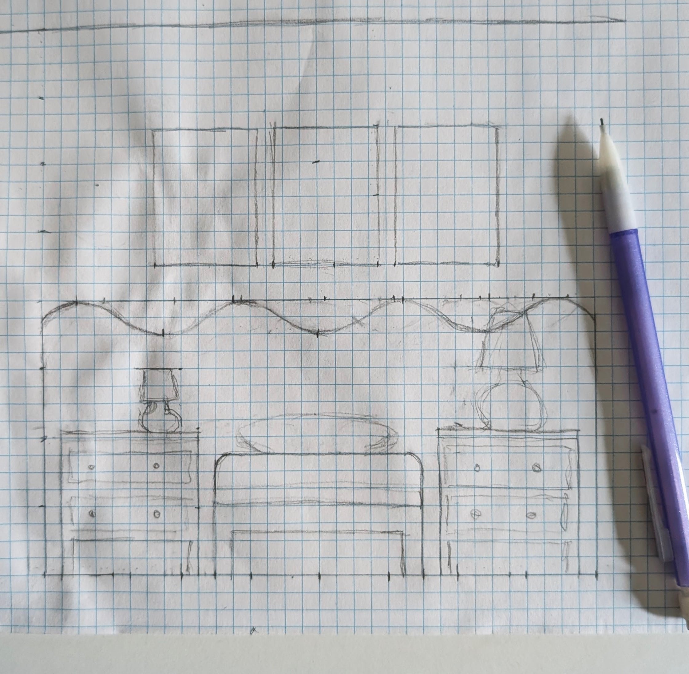 Sketch of bedroom layout with headboard and nightstands