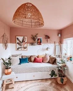 boho bedroom with pink color blocking