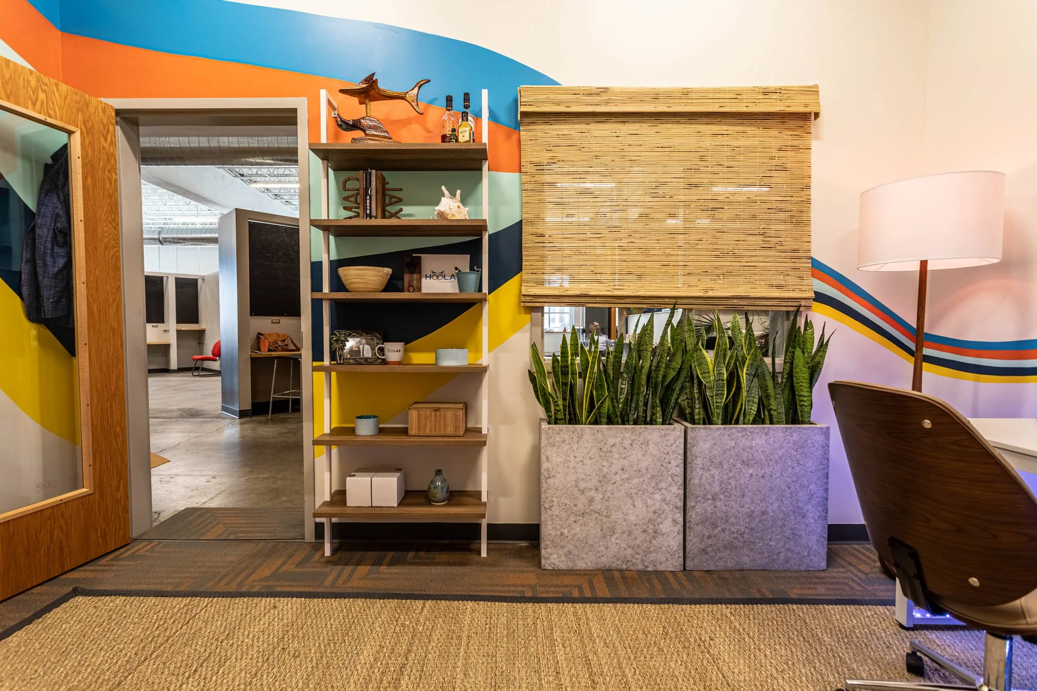 Bamboo shelving and snake plants in tropical office