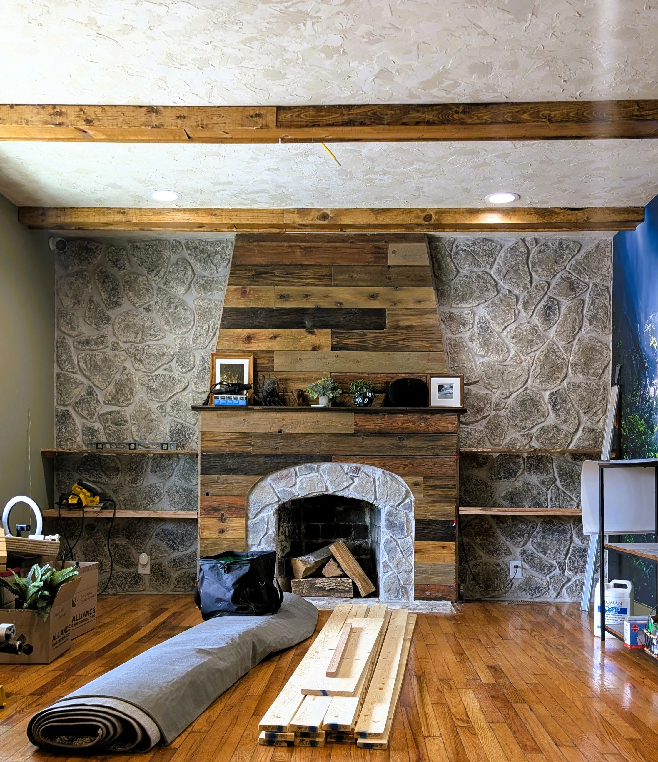 Rustic fireplace and stone focal point