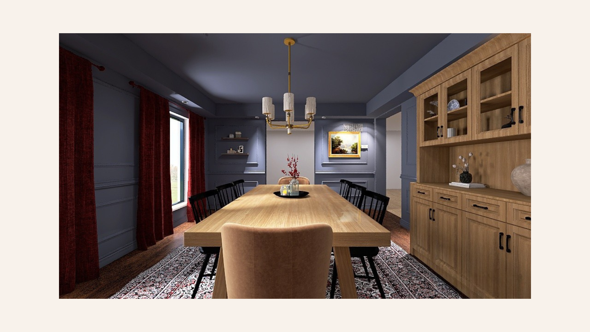3D rendering of dining room hutch and table placement