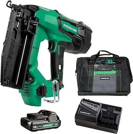 Metabo green and black cordless finish nailer with battery, charger, and bag