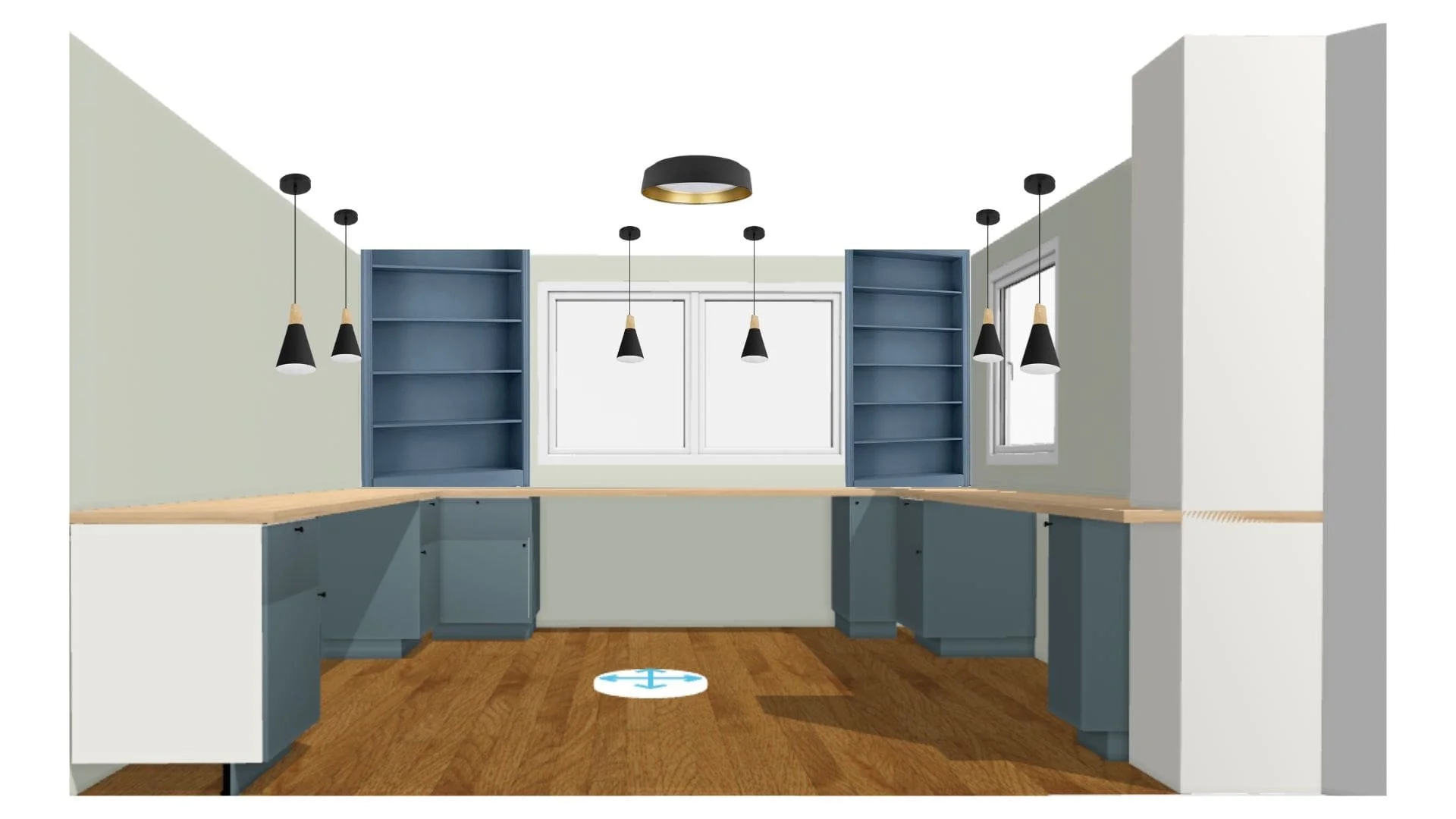Office rendering with hanging pendants and blue built-ins