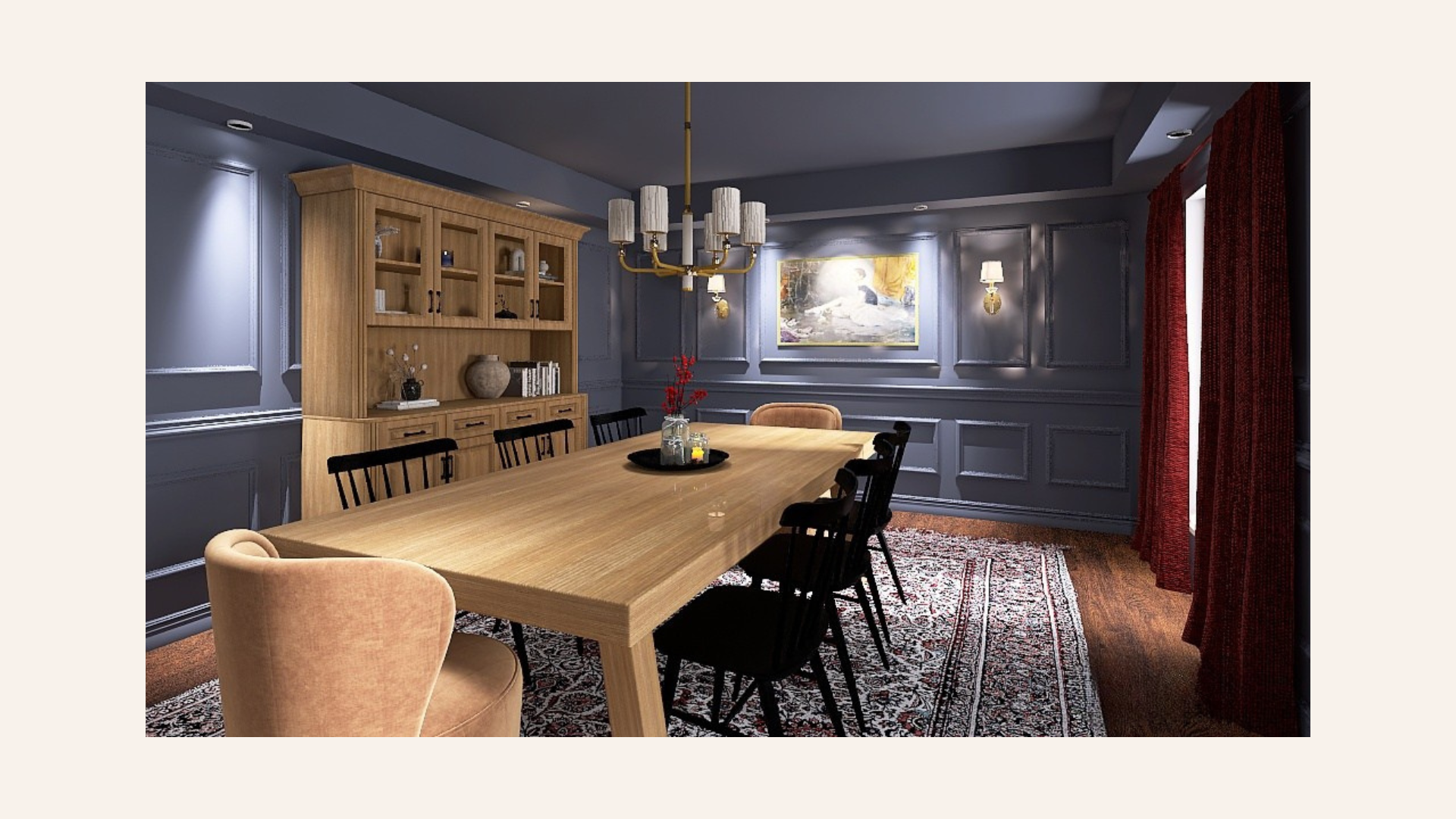 3D rendering of a color-drenched dining room with picture molding