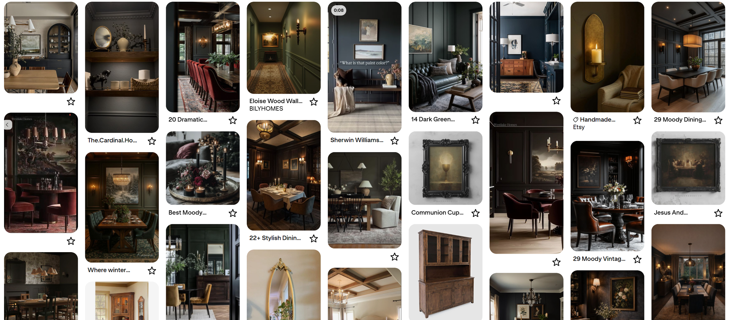Pinterest inspiration board for a traditional, moody dining room design