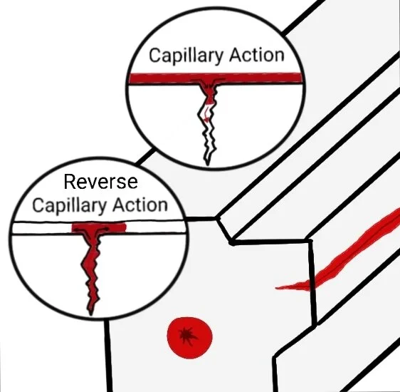 Capillary Action works because of cohesive force, adhesive force, and surface tension to get into the surface indication. Reverse capillary action, when using nonaqoueus developer for final inspection.