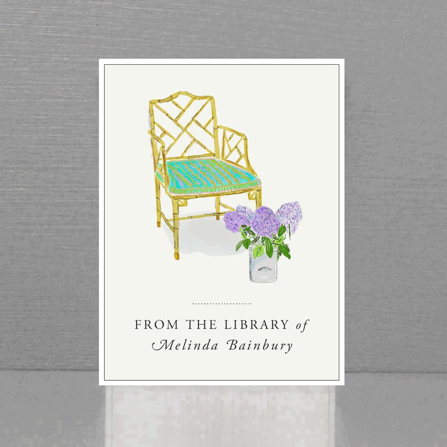 Bookplate with Chinoiserie Bamboo Chair and Lilacs.