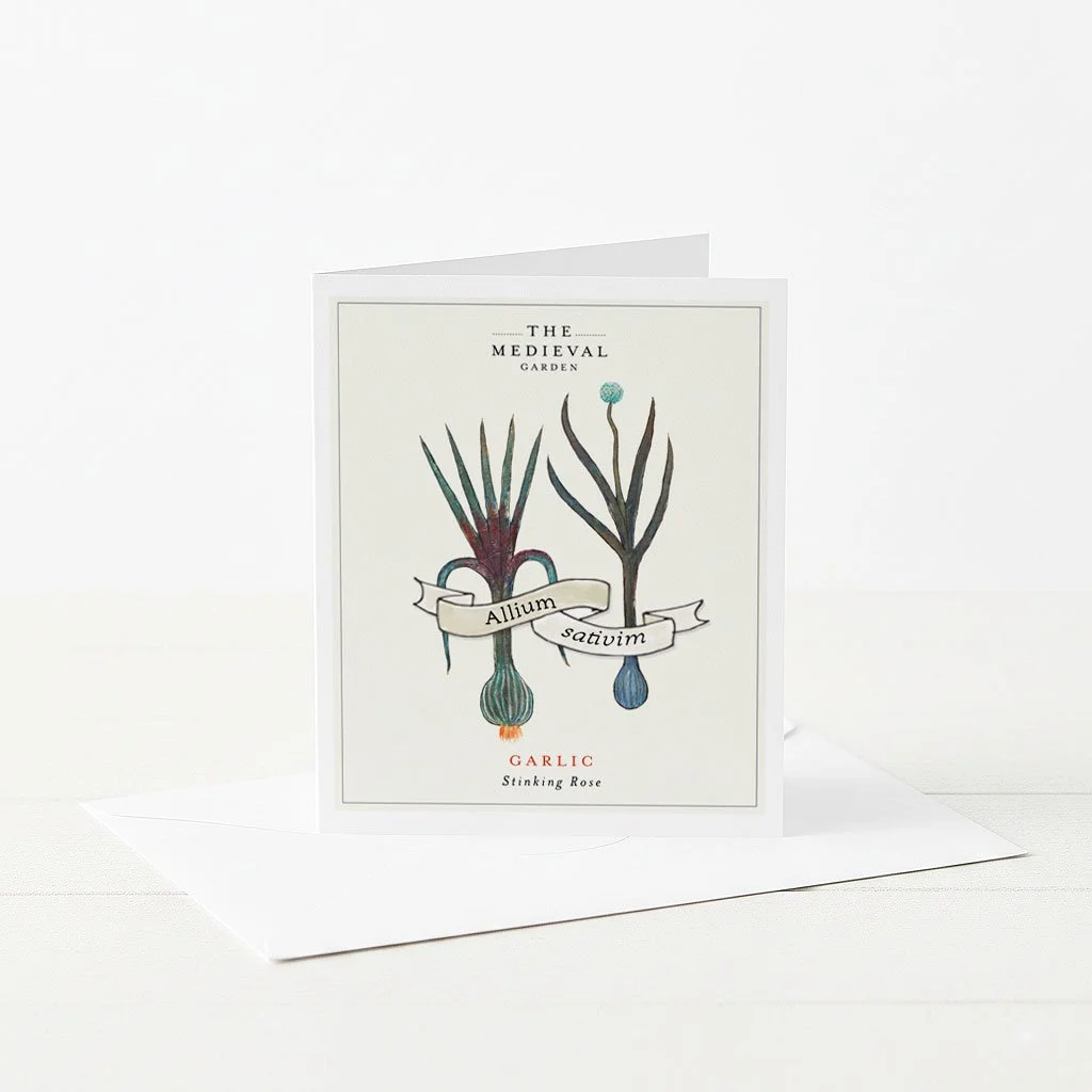 A greeting card featuring an illustration of a medieval Garlic.