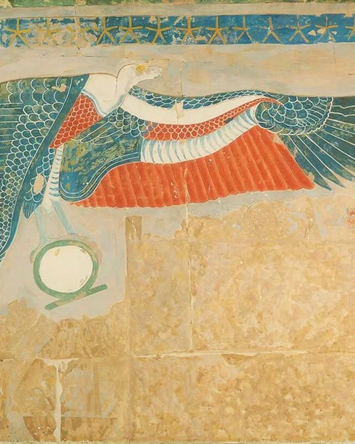 Detail of facsimile of wall painting by Charles K Wilkerson which shows the Goddess Nekhbet, from the Temple of Hatshepsut. 
1479–1458 B.C. New Kingdom. Met museum.
