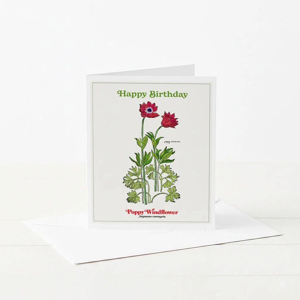 Happy Birthday botanical greeting cards with illustrated Poppy.