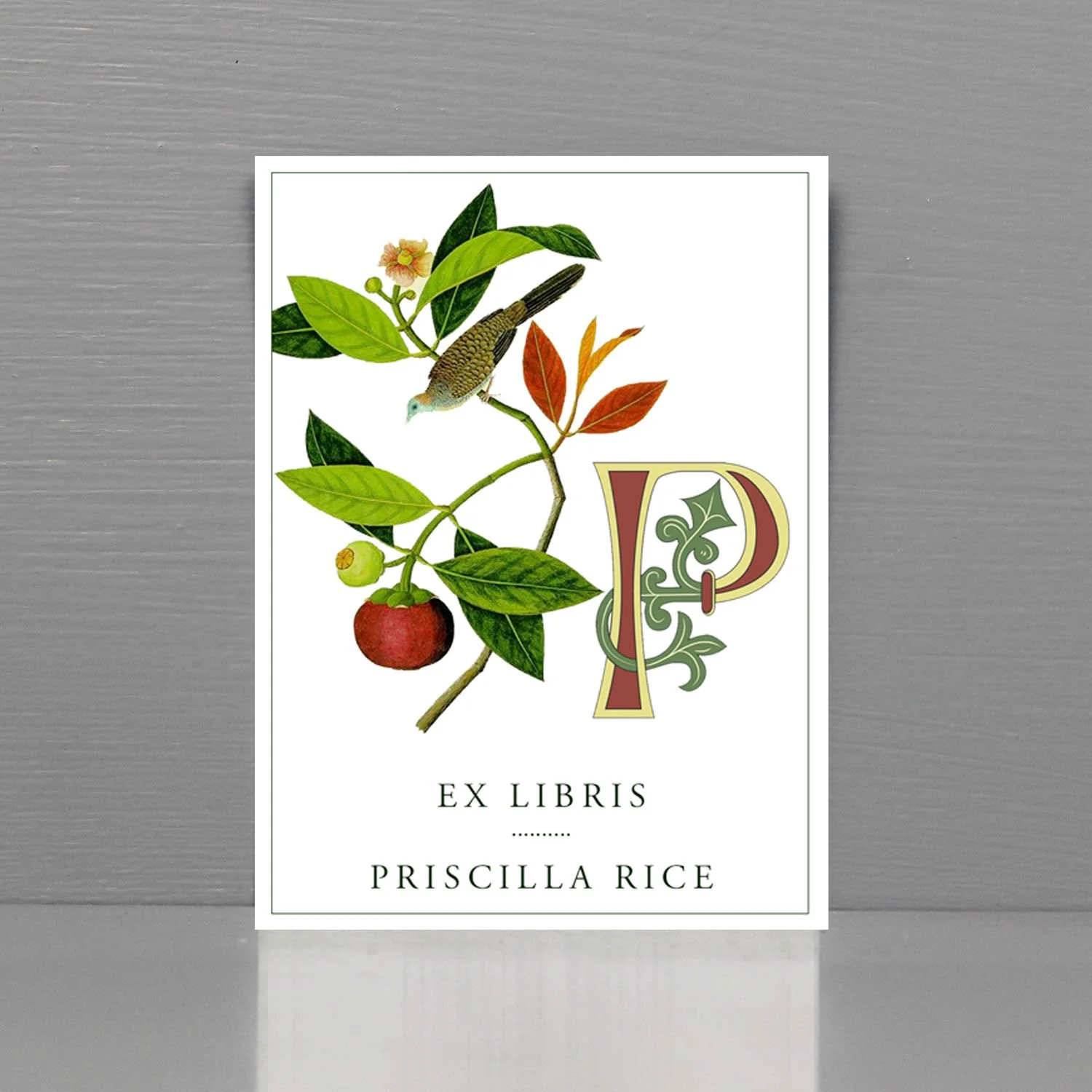 Personalized Monogrammed Bookplate with Medieval Monogram, Bird, Fruit Vine
