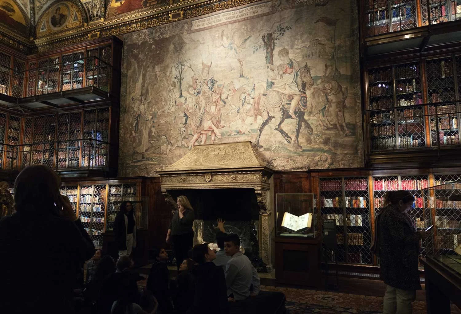 Tapestry (The Triumph of Averice) over grand fireplace in the main library room of the Morgan Library.