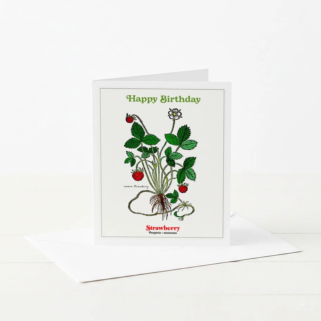 Happy Birthday botanical greeting cards with illustrated Strawberry plant.