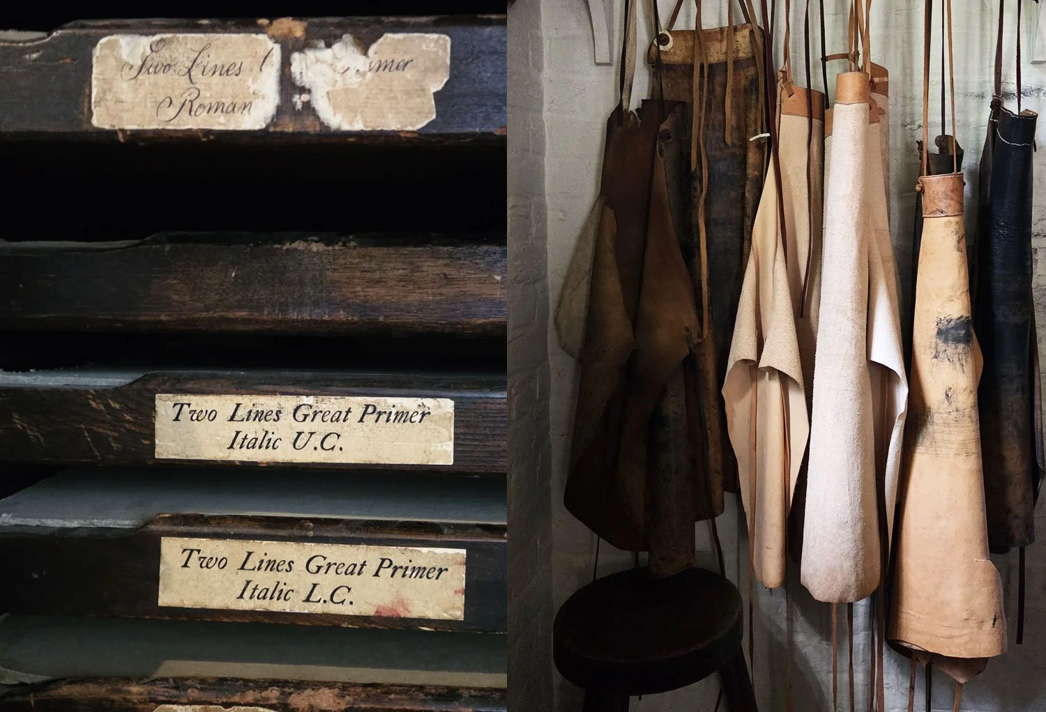 Print Shop aprons and metal type.