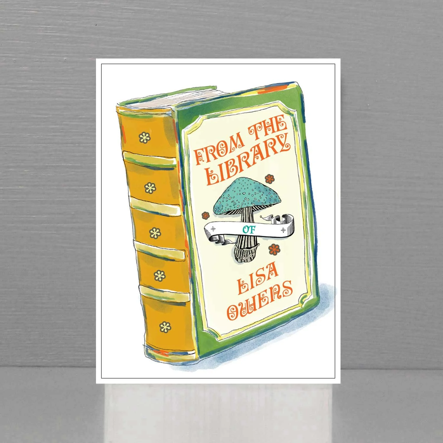 Personalized bookplate with 70s vibe magical mushroom illustration on book cover.