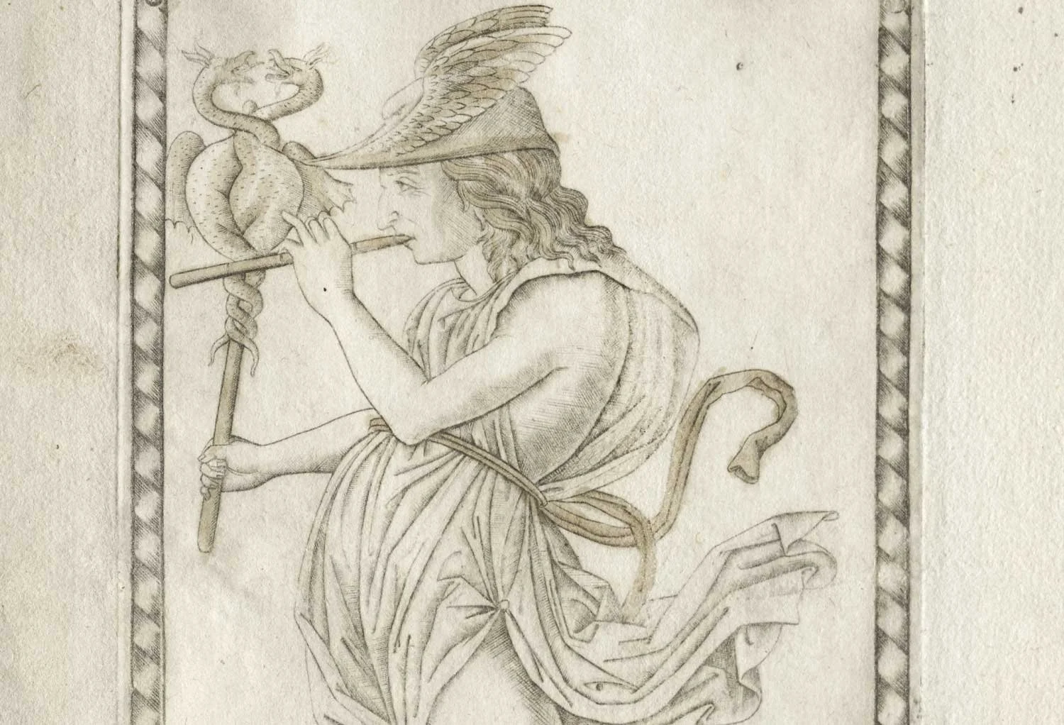 Hermes with caduceus and flute.
