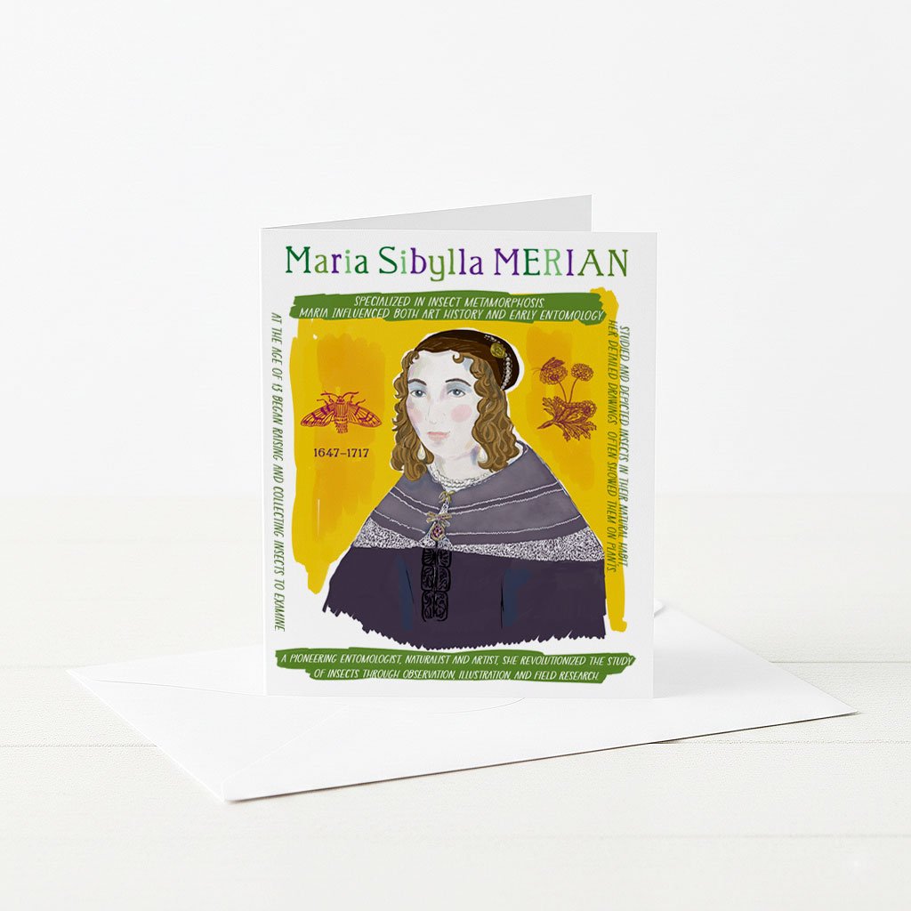 Greeting card featuring Maria Sibylla Merian, 17th c female naturalist.