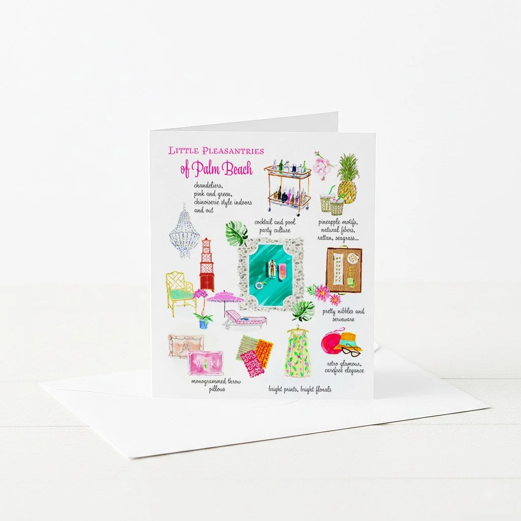 Greeting card featuring illustrated icons of Palm Beach living.