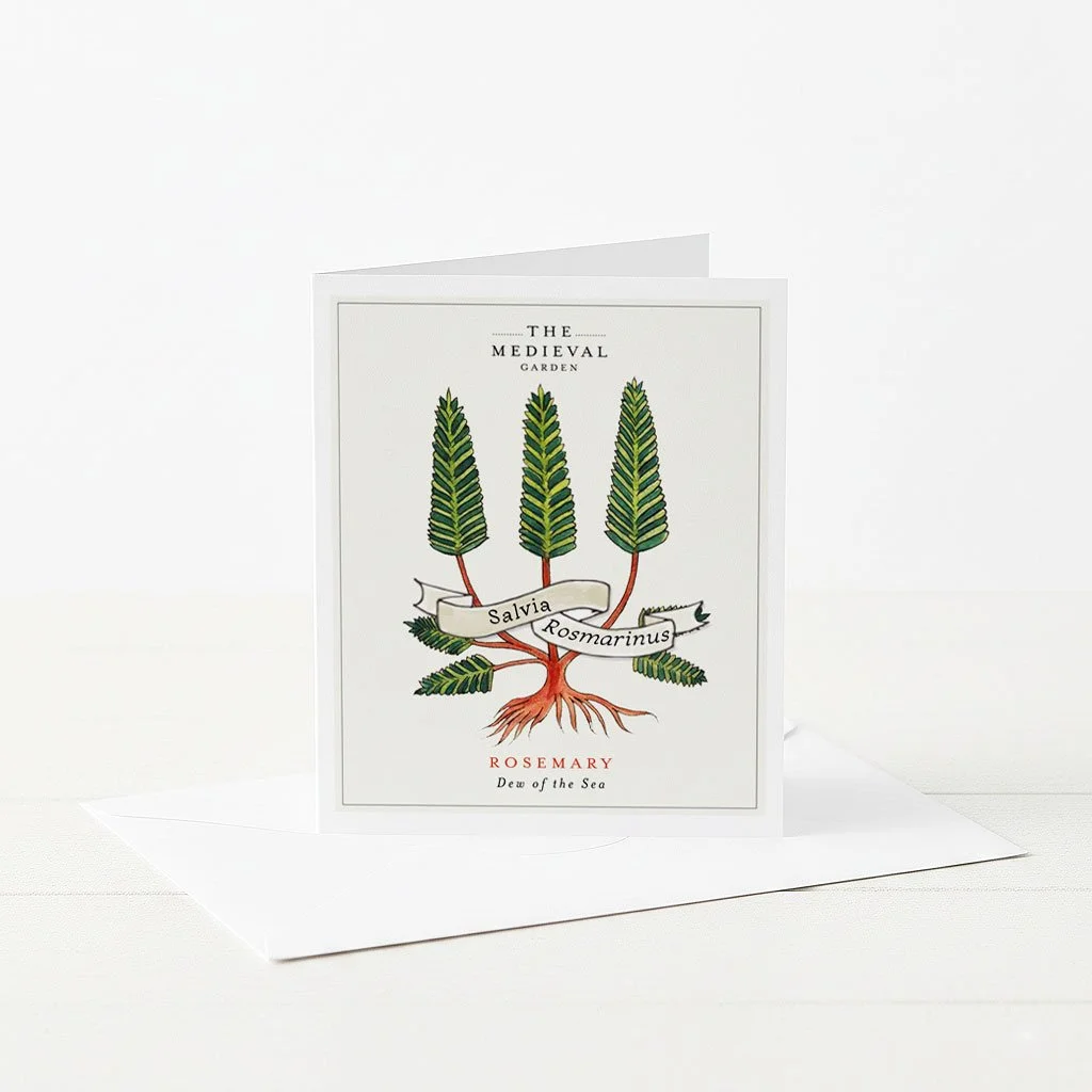 A greeting card featuring an illustration of a medieval Rosemary herb plant.