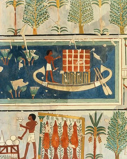 Detail from a facsimile painting by Charles K. Wilkerson of the tomb of Minnakht which shows a garden, pools and trees. The original wall painting is from 1479–1425 B.C., New Kingdom. The facsimile painting is from 1921. Met musuem.