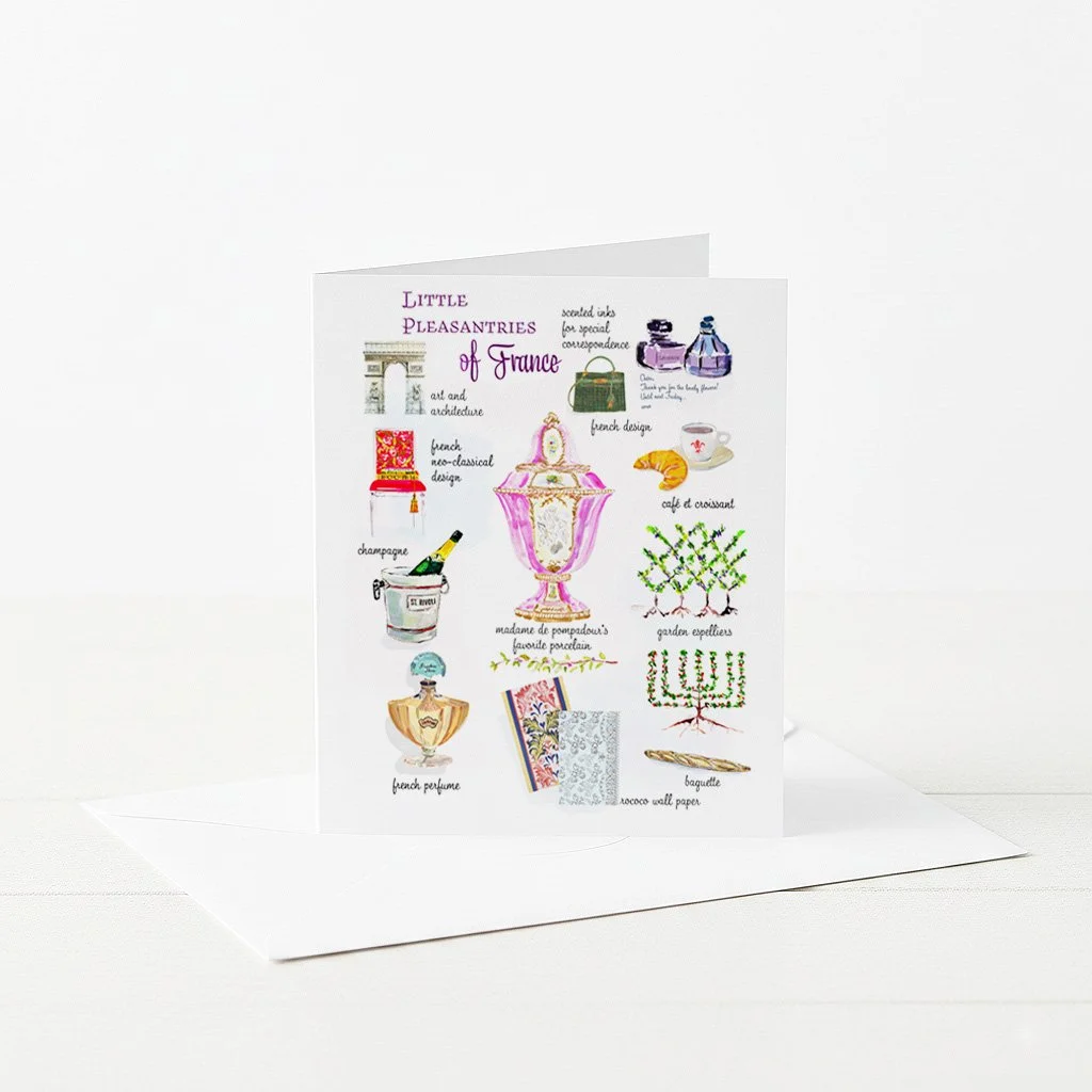 Greeting card with icons of French style and specialties.