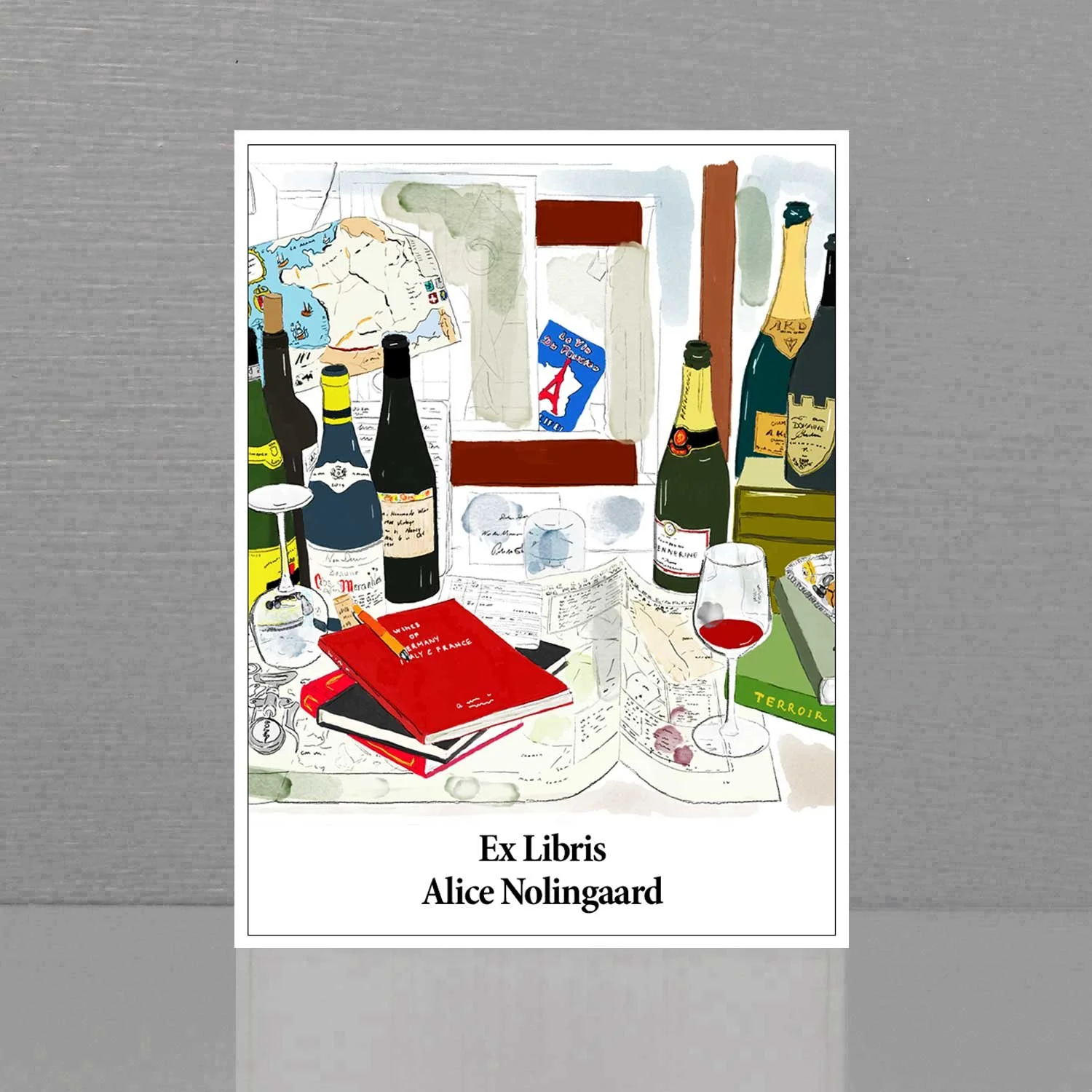 Desktop with wine accessories and bottles.