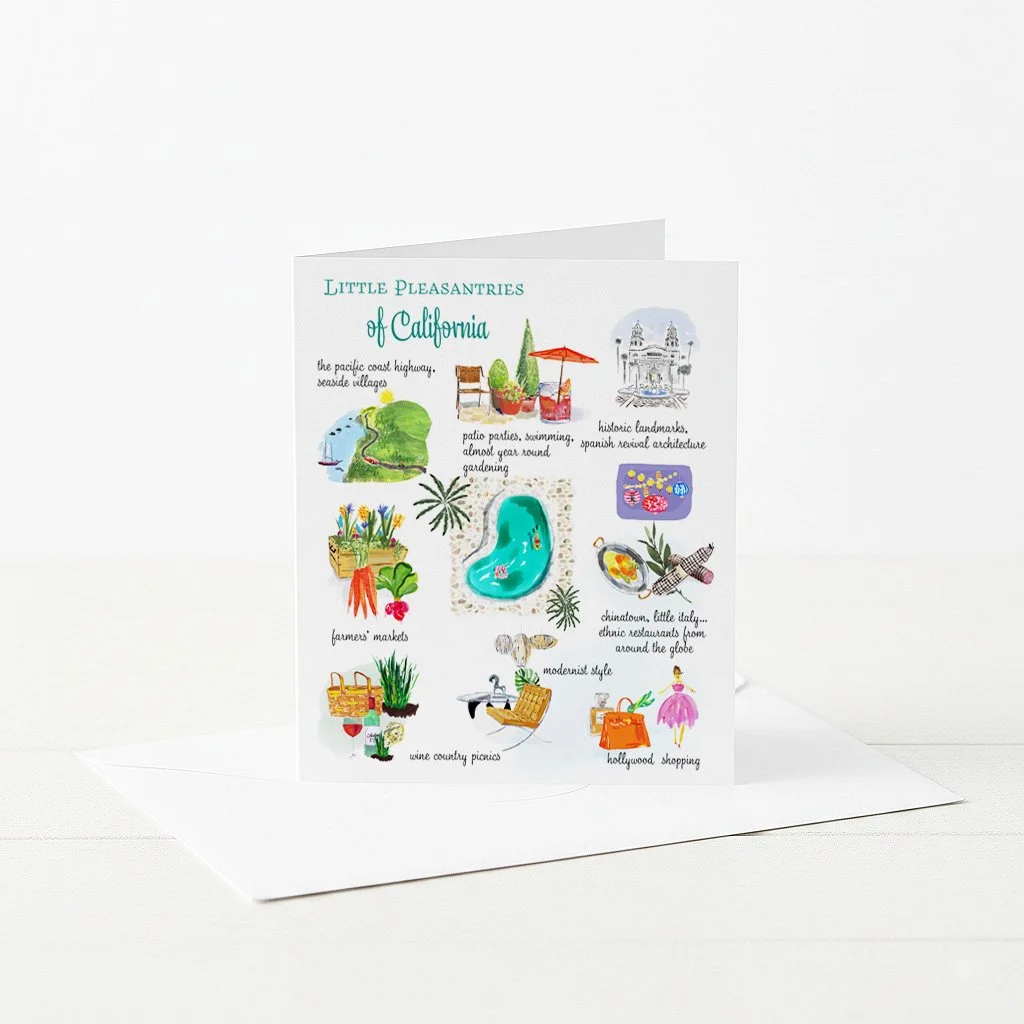 Greeting card featuring illustrated icons of sunny California.