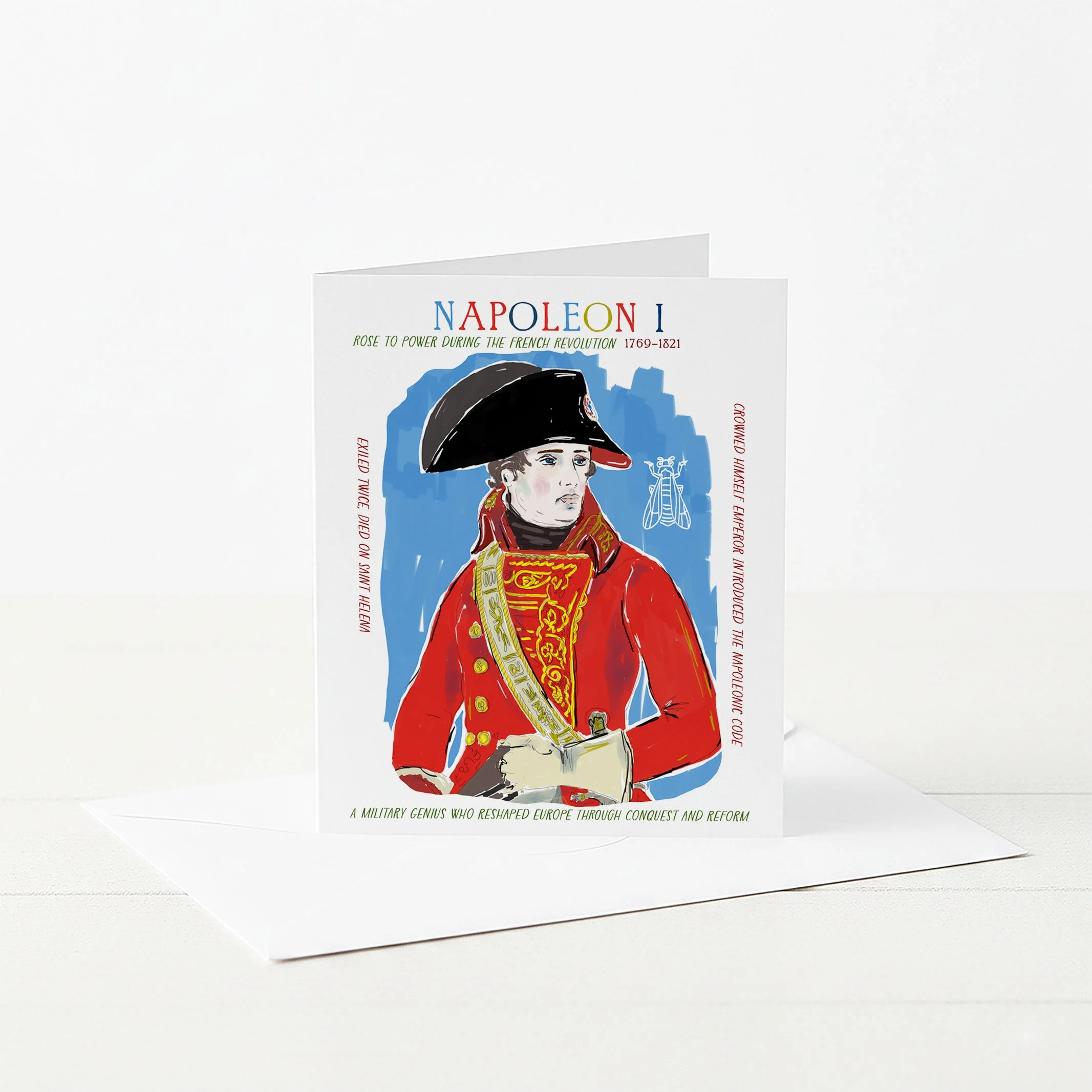 Greeting card illustration of Emperor Napoleon with interesting facts about his life.