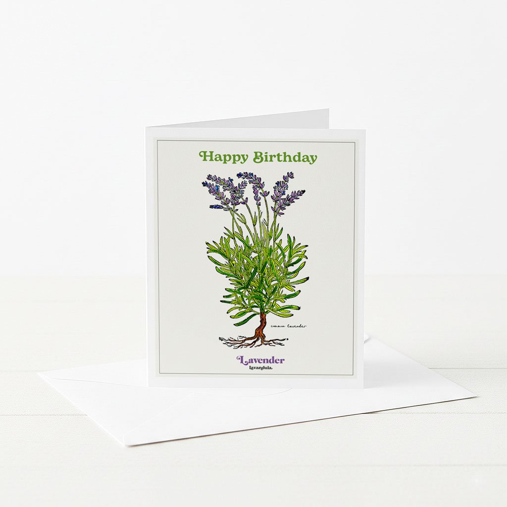Happy Birthday botanical greeting cards with illustrated Lavender..