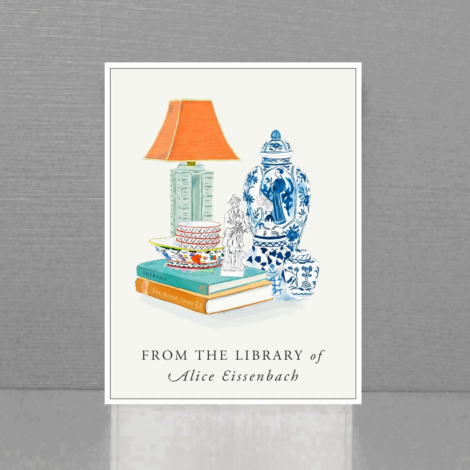 Bookplate with Chinoiserie Tabletop with Books and Ginger Jar
