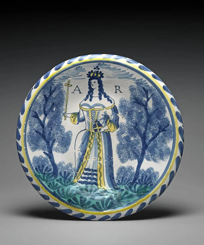 Image of Queen Anne on English Delftware dish.