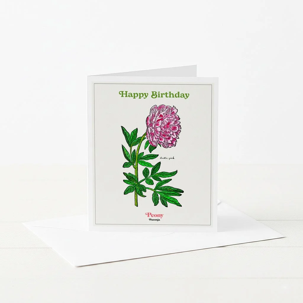 Happy Birthday botanical greeting cards with illustrated Peony..