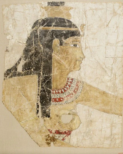 A painted shroud fragment of the goddess Isis made of gesso, linen and paint. From the Ptolemaic or Roman Period, 1st century BC–1st century AD. Met museum.