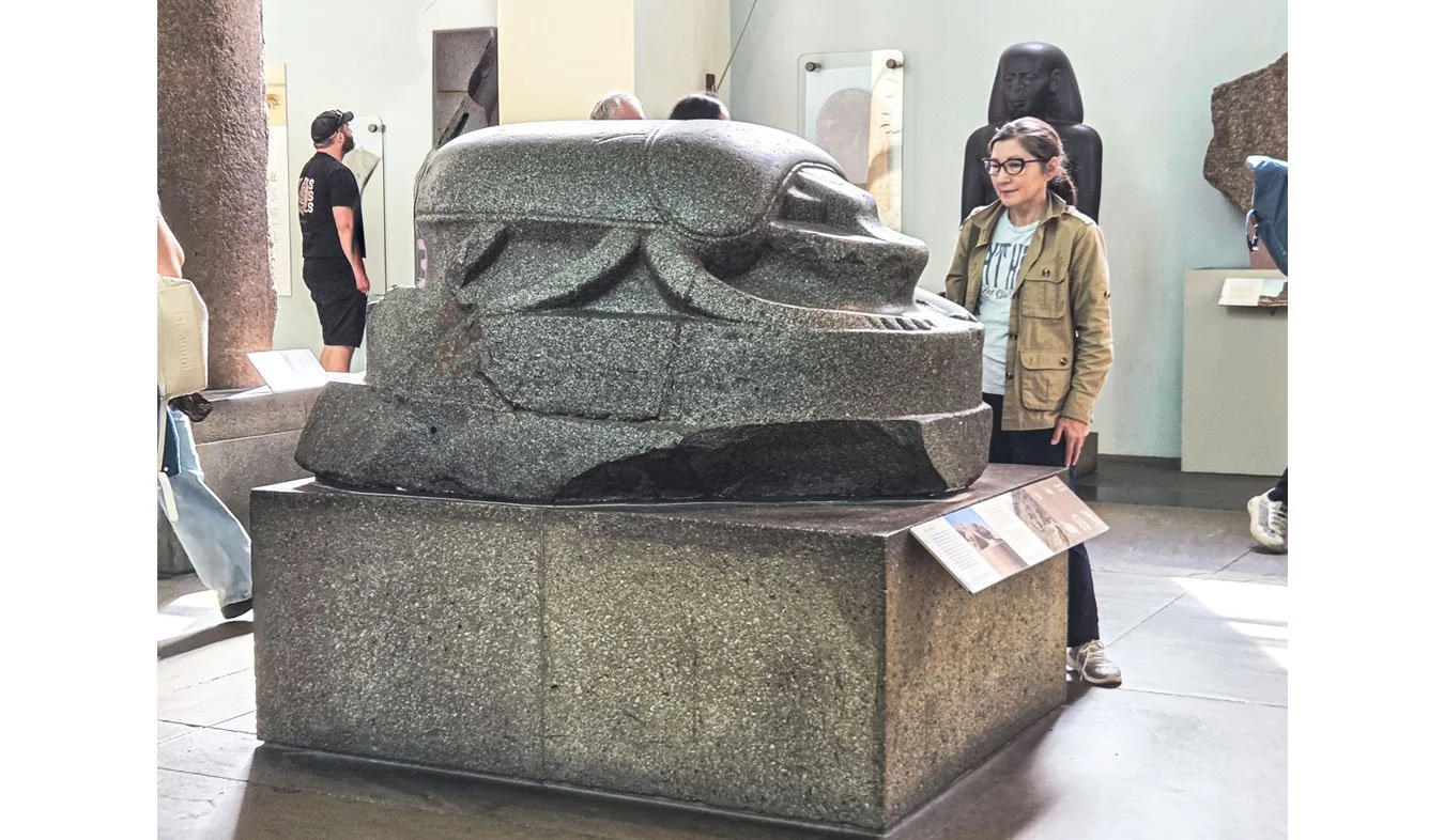 Nancy with giant Scarab at British Museum.