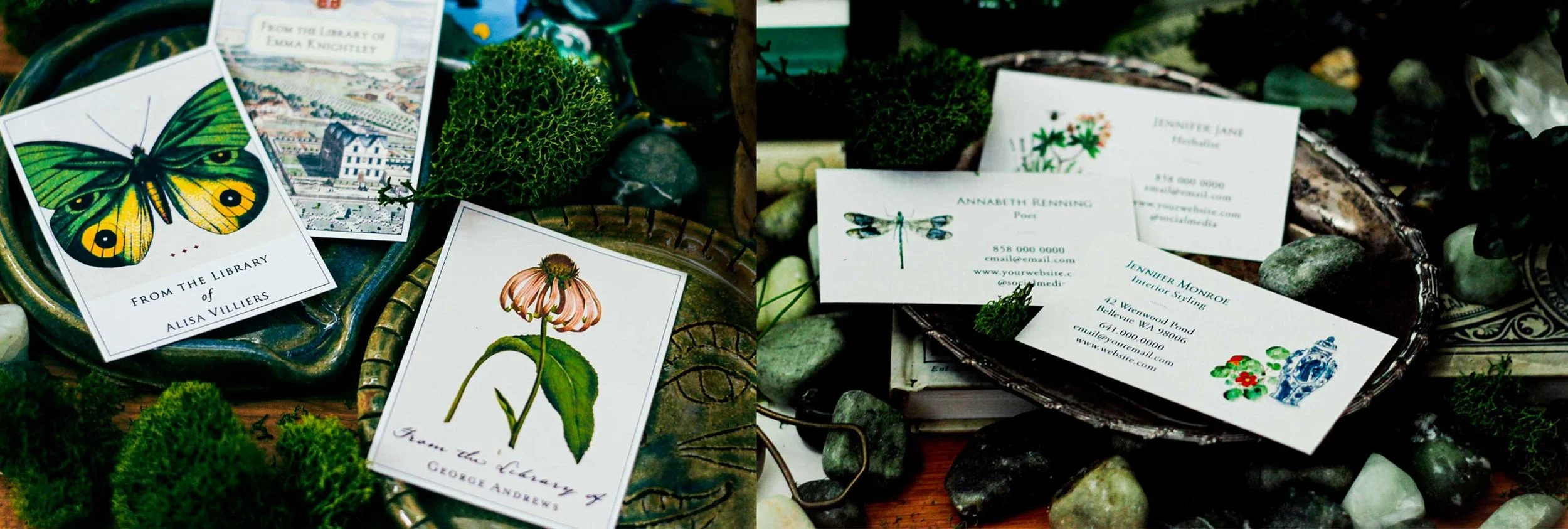 Combined 2 photos showing custom bookplates and business cards with nature motifs, butterflies, flowers, etc.