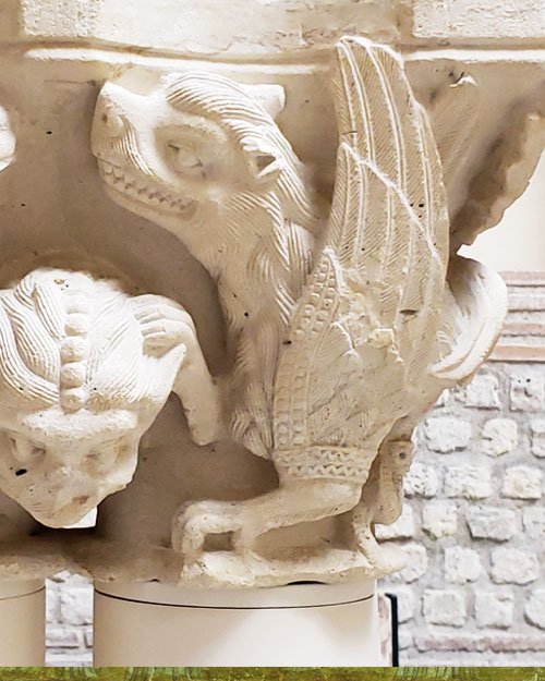 Stone Chimera decorating a cloister capital at the Cluny Museum, France. Limestone, 12thc CE.