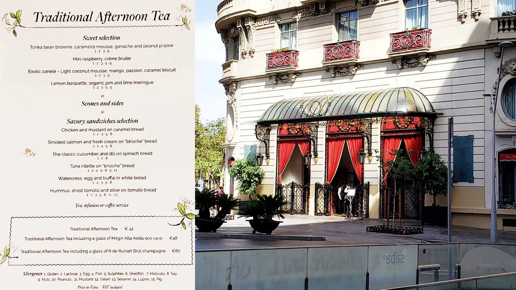 El Palace Hotel Afternoon Tea Menu in Barcelona, Spain.