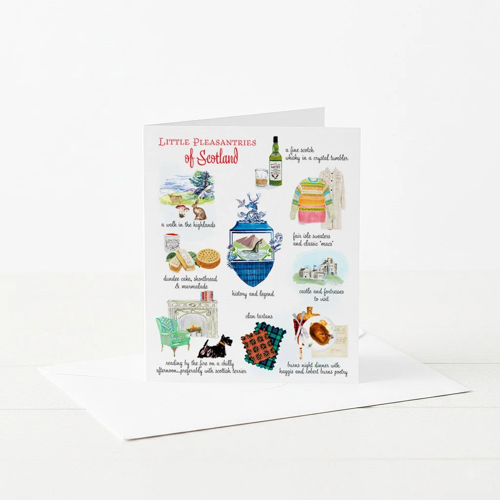 Greeeting card with collection of Scottish specialities and landmarks.