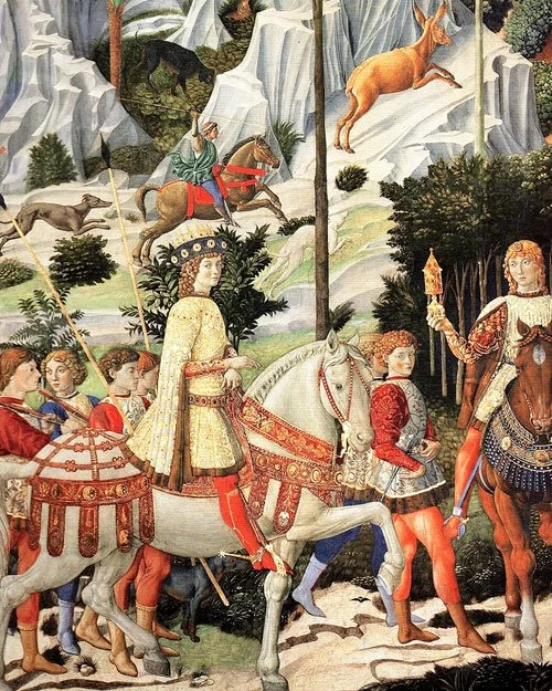 Detail of fresco on wall of The Chapel of the Magi at Palazzao Medici Riccardi.
The Journey of the Magi, by Benozzo Gozzoli, 15th c. Florence.