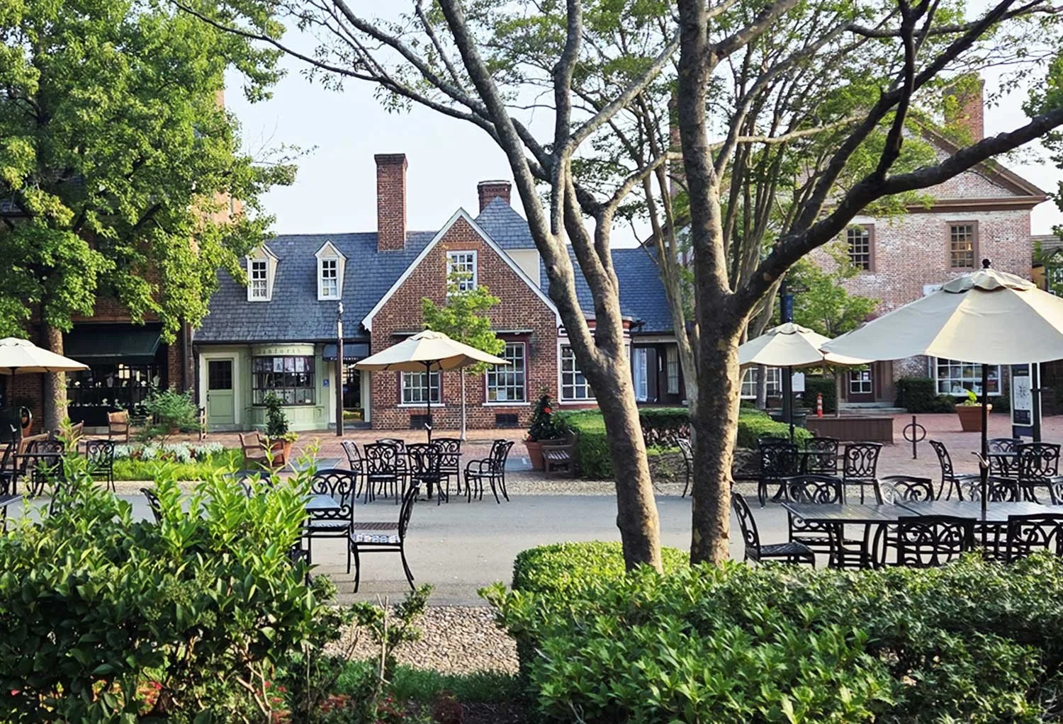 Merchants Square in Williamsburg with outdoor umbrellas.