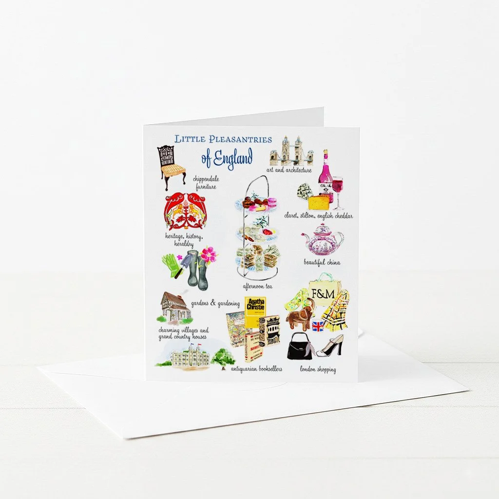Greeting card with icons of English style and specialties.