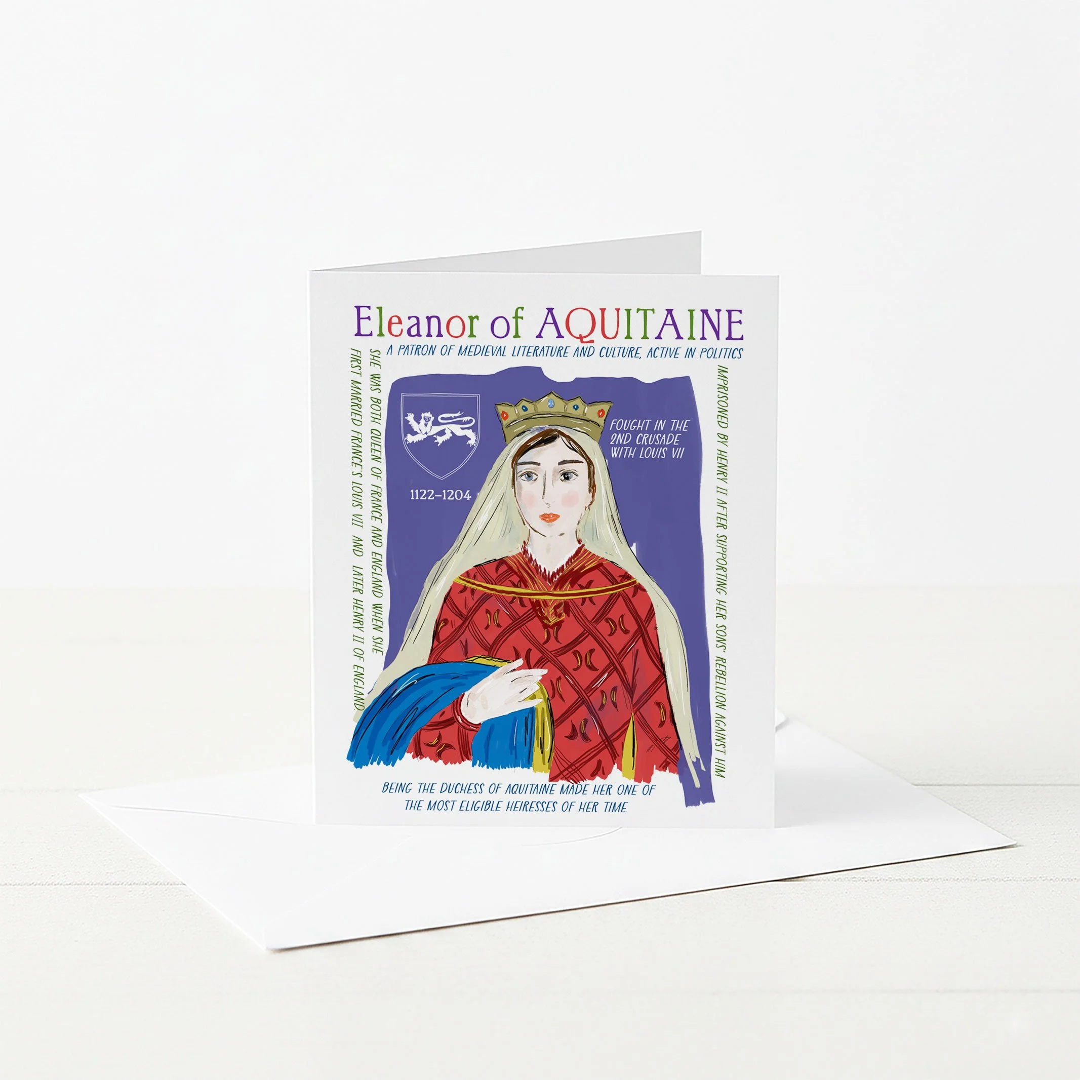 Greeting card featuring Eleanor of Aquitaine and interesting facts about her.