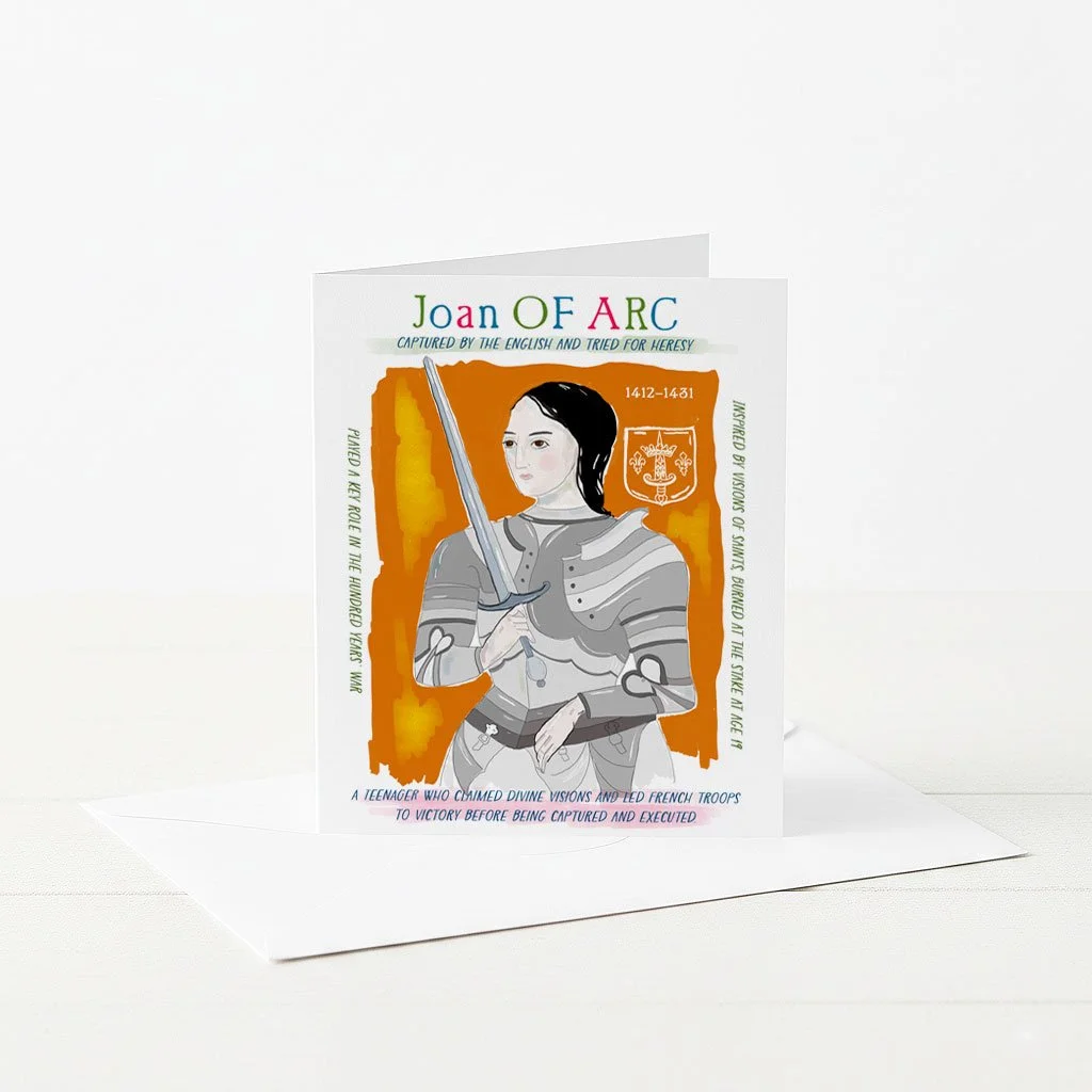 Joan of Arc greeting card, with illustration of Joan and surrounded by facts about her.