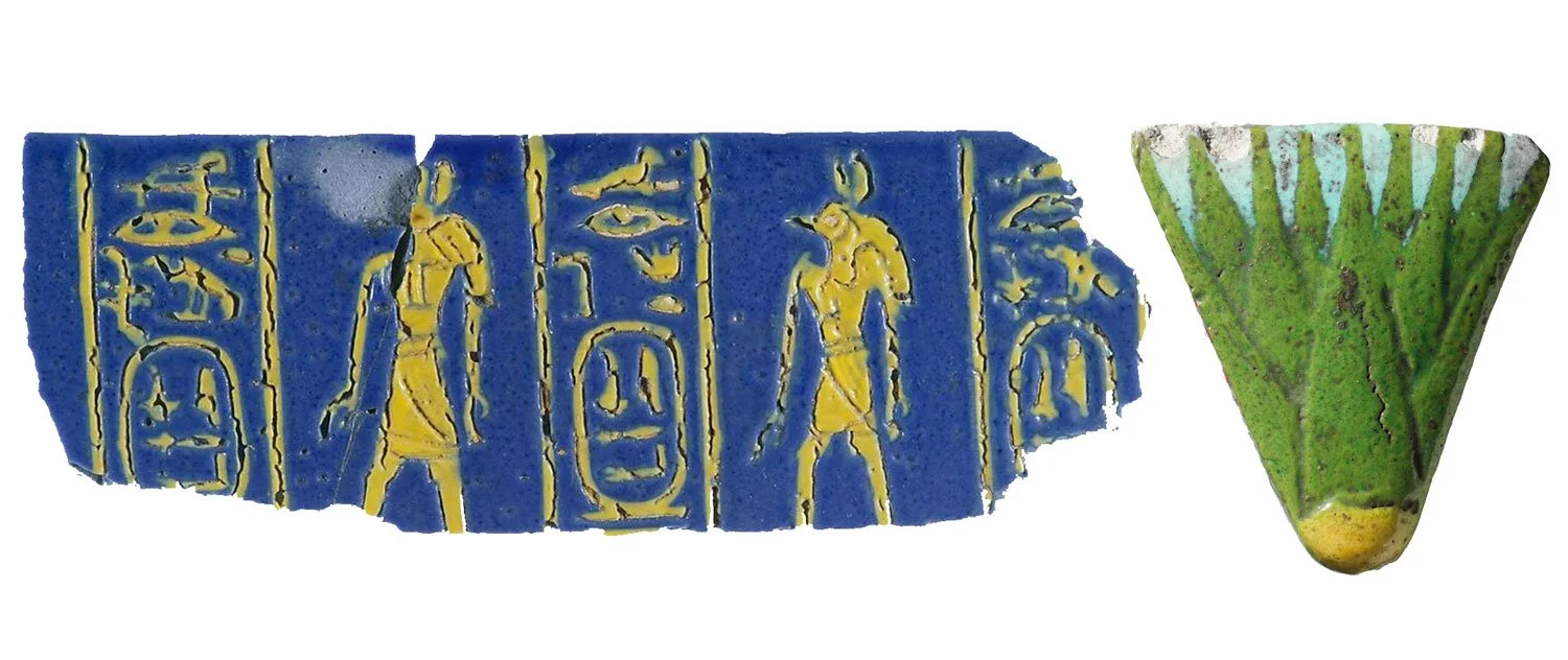 Coffin fragment made of green, blue and yellow faience.