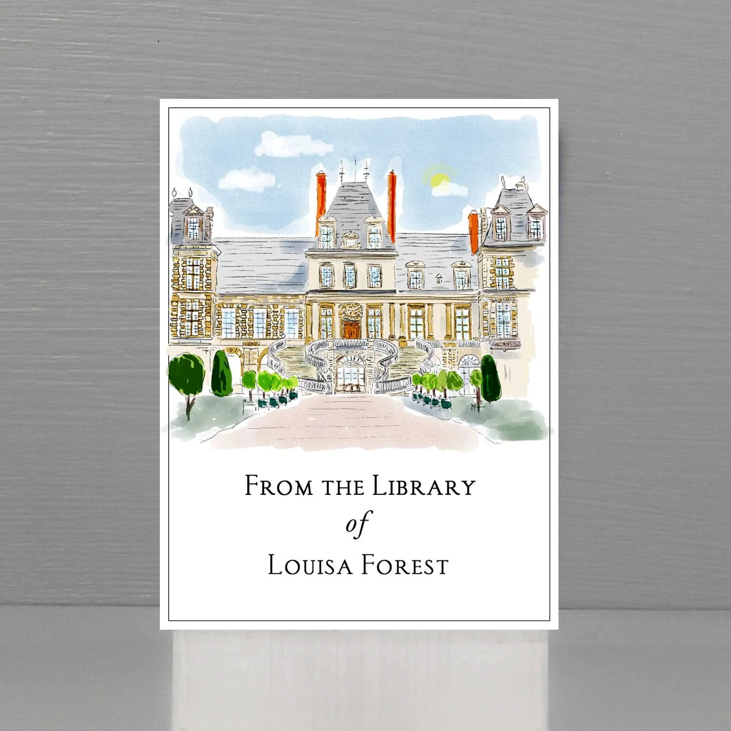 Bookplate with view of Fontainebleau Chateau