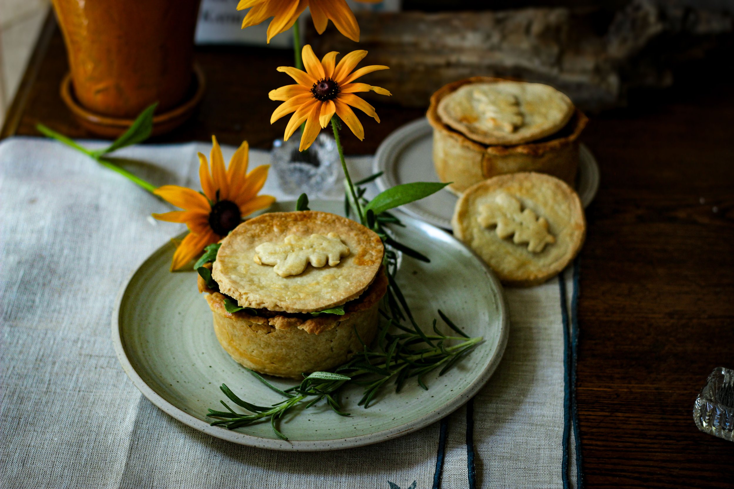 Rustic, raised mini savory pie.